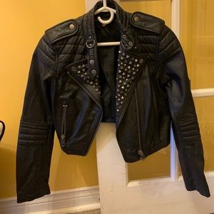 cropped studded moto faux leather jacket